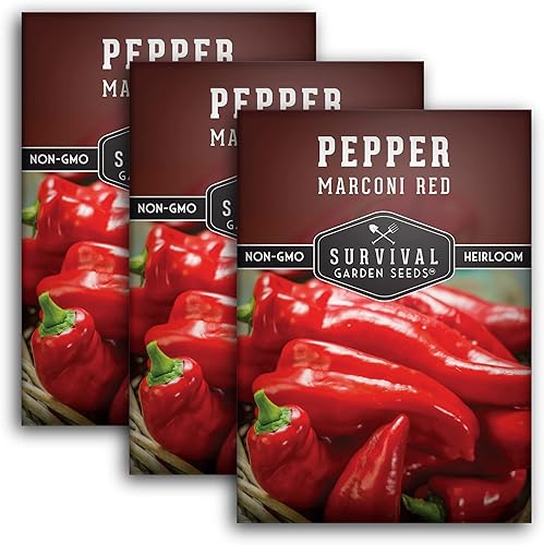 Survival Garden Seeds - Semilla de pimiento rojo Marconi para plantar - 3 paquetes con instrucciones para plantar y cultivar pimientos italianos