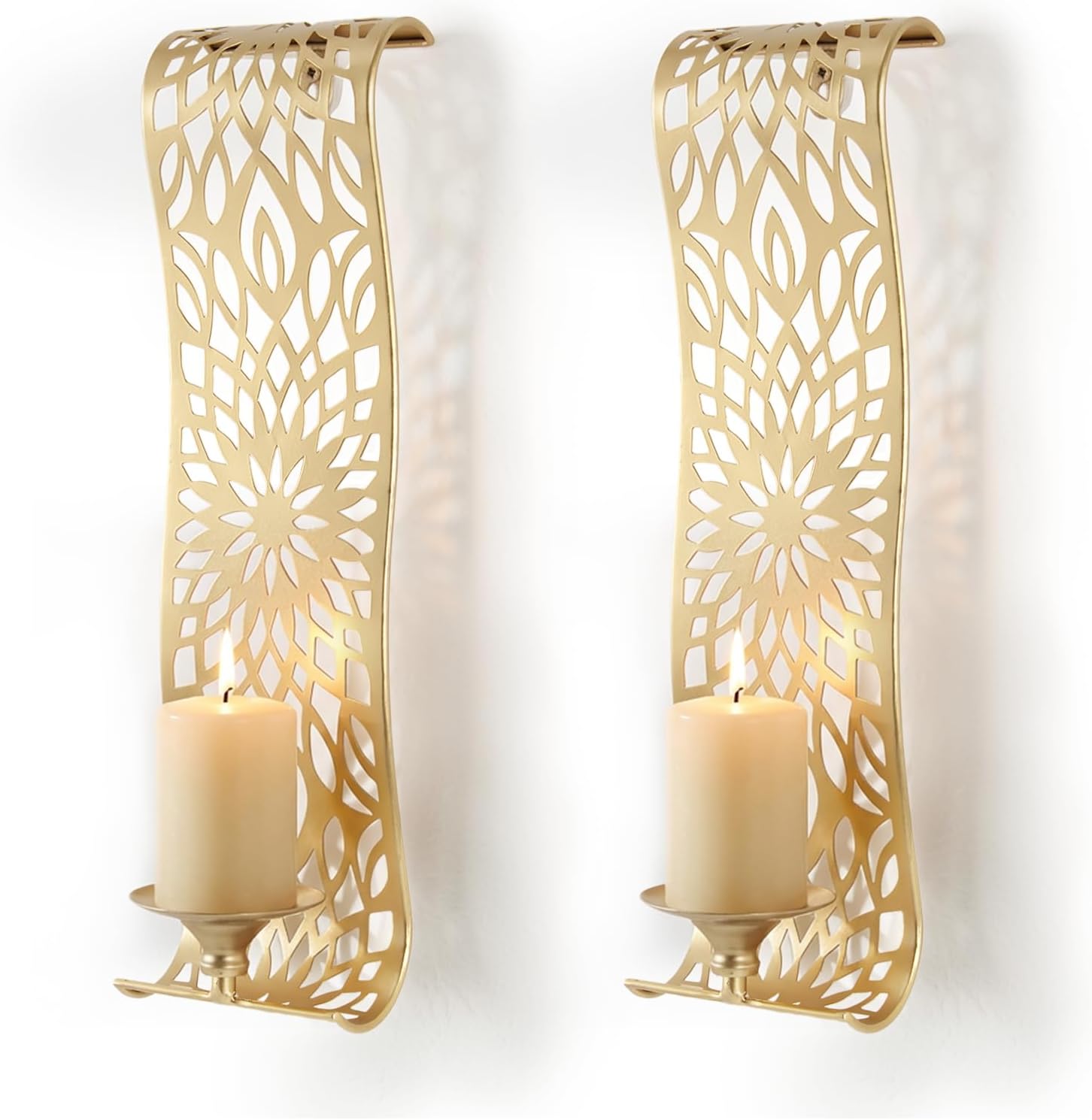 Antique Gold Wall Sconces,Set of 2 Rustic Metal Candle Holders for Farmhouse Vintage Home Decor,Elegant Pillar Design for Hallway, Bathroom, and Living Room Wall