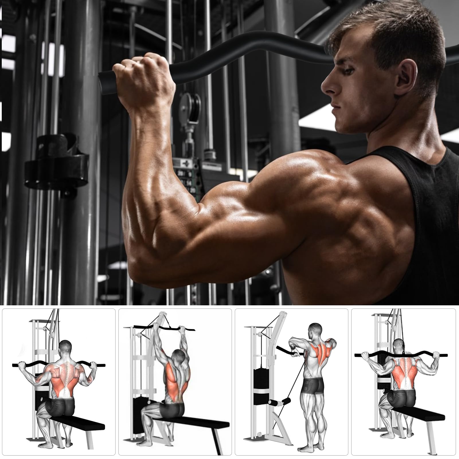 Barra LAT Machine, Staccabile Barra Dorsali LAT Machine Barra Curva LAT Machine Girevole Barra Tricipiti Bicipiti Accessori per Cavi in Palestra Casa