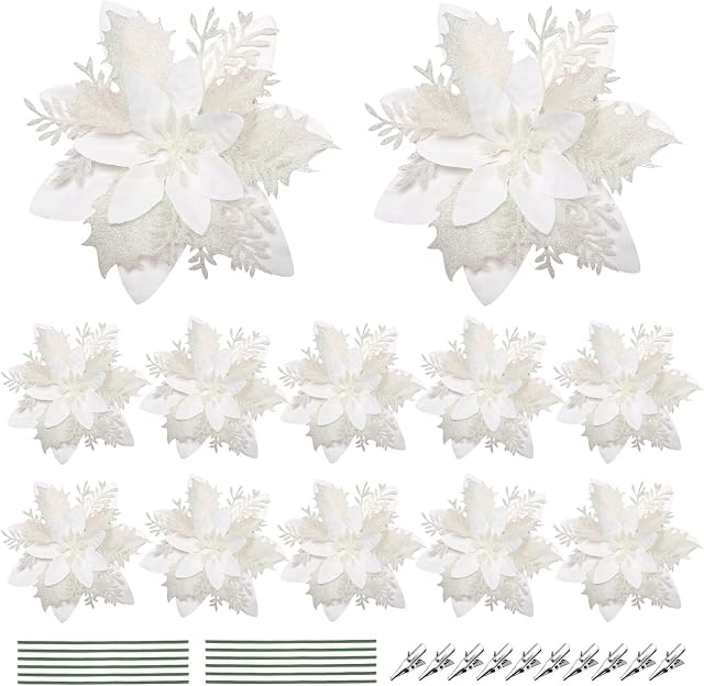 Toddmomy 12pcs White Poinsettia Artificial Flowers, Christmas Glitter Poinsettia Flowers Christmas Tree Floral Decorations with Clips and Stems for Xmas Wedding Party Wreath