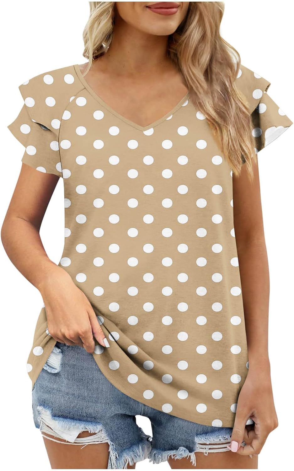 Ruffle Sleeve T Shirts for Women Polka Dots Tunics Tops Casual Dressy Shirt Summer Cute Tees