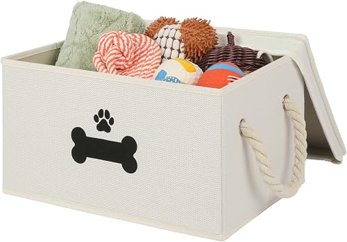 GreenPetopia Dog Toy Basket with Lid - Collapsible Pet Toy Storage Box with Cotton Rope Handles, Beige 14.4x10x8.1 inch GreenPetopia Dog Toy Basket with Lid - Collapsible Pet Toy Storage Box with Cotton Rope Handles, Beige 14.4x10x8.1 inch