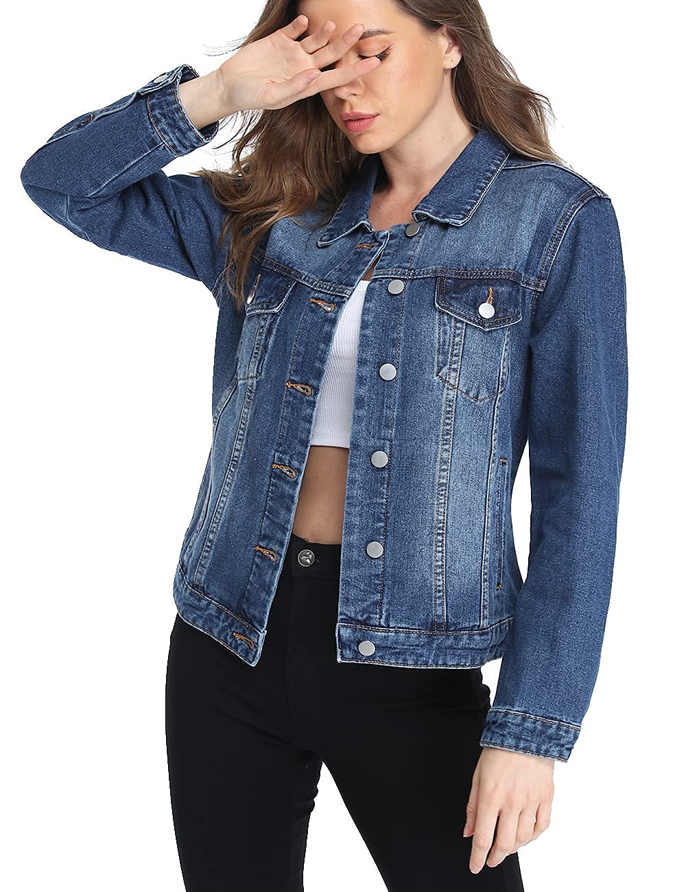Dilgul Women's Denim Jacket Casual Long Sleeve Basic Button Down Denim Jean Jacket