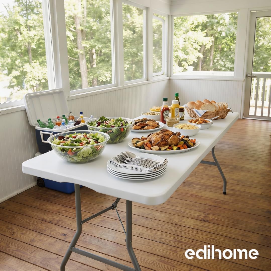 edihome Mesa Plegable 180x68x74 cm para Comedor, Camping, Jardín y Catering – Mesa Portátil Resistente para Interior y Exterior, Fácil de Transportar (Blanco)