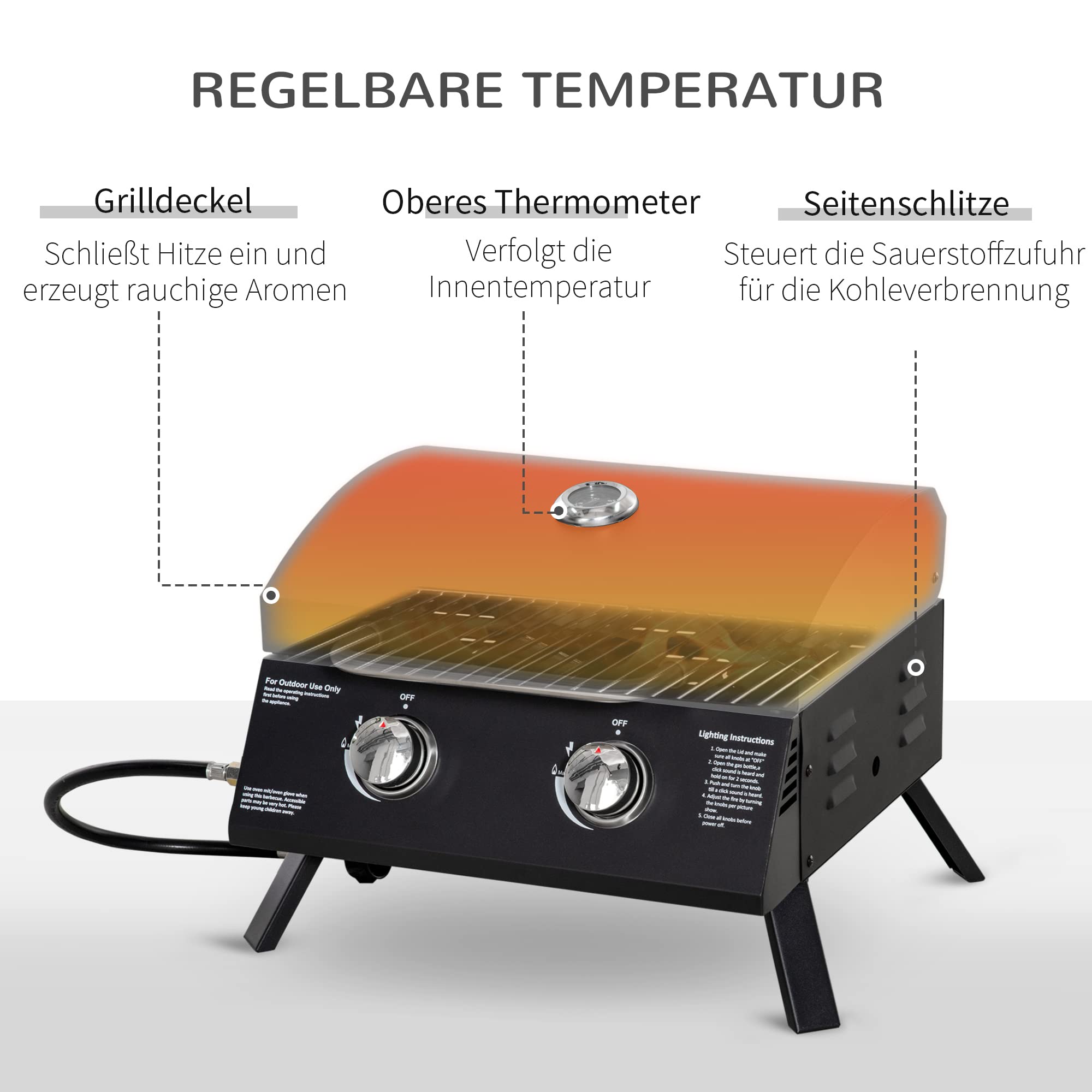 Outsunny Tischgrill Gasgrill BBQ mit 2 Brennern mobiler Grillwagen Grillnetz klein Outdoor Tischgasgrill Picknick mit Druckminderer Schlauch Edelstahl Schwarz 55 x 46,5 x 41 cm