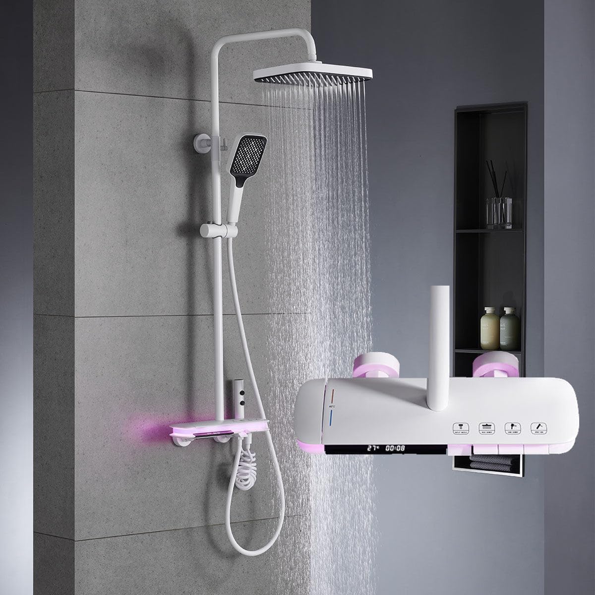 BEITH Thermostatic Shower System, 4 Piano Keys Shower Faucet Set, 31x20cm Square Shower Set, Digital Display, 360° LED Ambient Light, Hydroelectric Power, with Bathtub Faucet, Booster Spray Gun