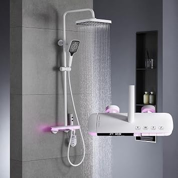 BEITH Thermostatic Shower System, 4 Piano Keys Shower Faucet Set, 31x20cm Square Shower Set, Digital Display, 360 LED Ambient Light, Hydroelectric Power, with Bathtub Faucet, Booster Spray Gun