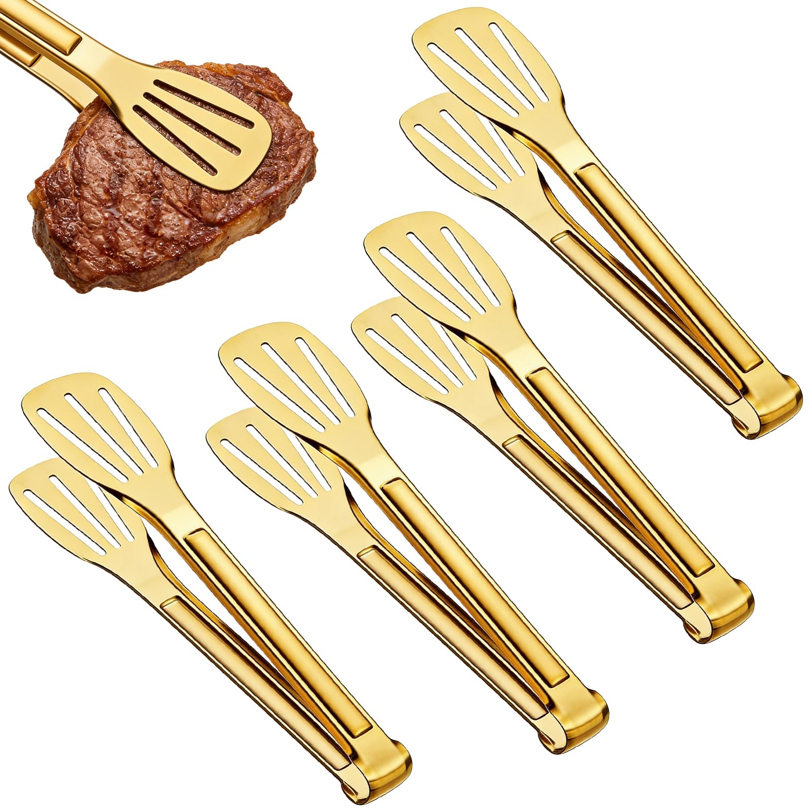 4 PCS Gold Tongs,7 Inch Serving Tongs for Food,Metal Kitchen Tongs with Three-Line Design, Serving Tongs for Salad, Steak, Appetizer, Vegetables