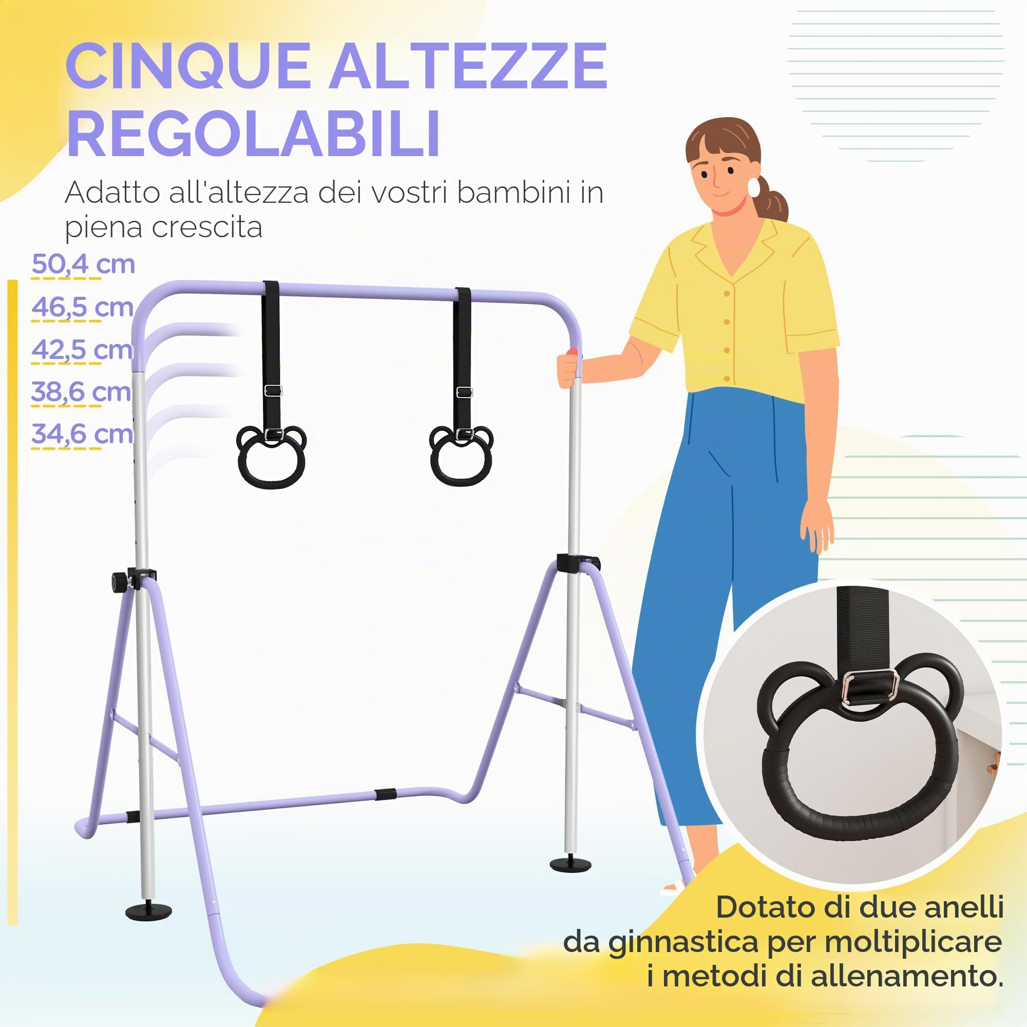 HOMCOM Barra da ginnastica per bambini, barra orizzontale, attrezzatura da ginnastica pieghevole, altezza regolabile, 88-128 cm, con anelli da ginnastica