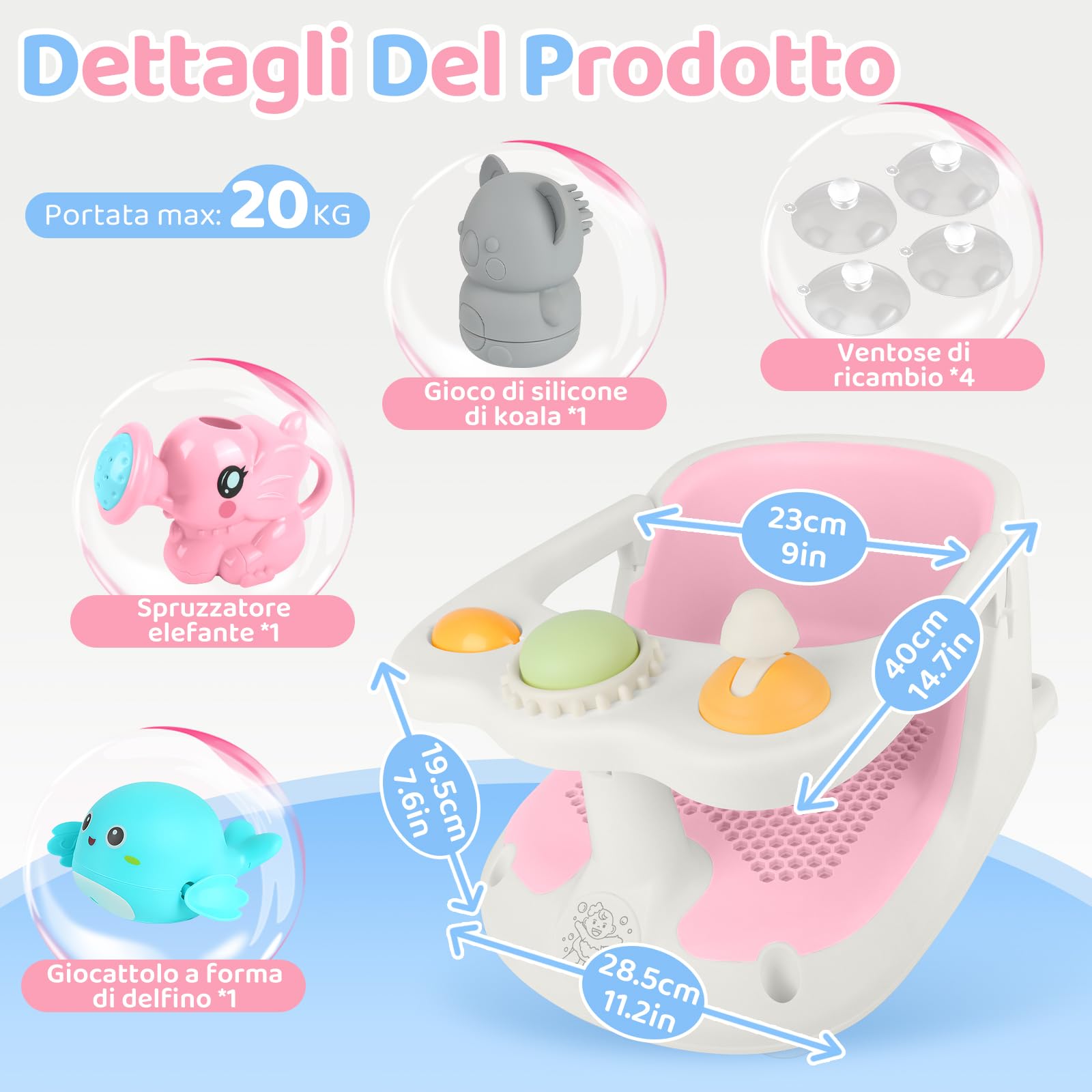 Aragallant Seggiolino da Bagno per Bambini 6 mesi+, Seggiolino Antiscivolo per Vasca da Bagno, Sedia da Bagno con Giocattoli, Seggiolino per Doccia Bambini con Ventose (Rosa)