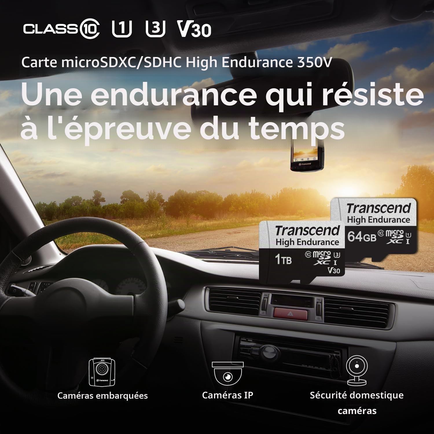 Transcend USD350V Carte mémoire microSDXC 128GB UHS-I, C10, U3, Full HD, jusqu'à 95/45 MB/s, idéale pour dashcams, caméras de sécurité et systèmes de surveillance - TS128GUSD350V