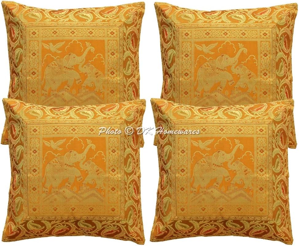 Ethnic Decorative Couch Throw Pillow Covers 16 x 16 Inch Brocade Jacquard Elephant Boho Square Toss Cushion Covers (Size - 40x40 cm ; Color: Gold & Gold) - Set of 4 Pcs (Cover Only)