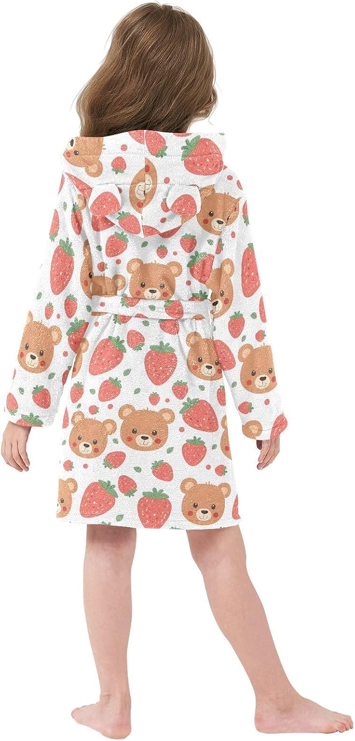 senya Bear with Strawberry Toddler Hooded Bathrobe Kids Soft Plush Bath Towel Robes for Boys Girls 2-12 Years