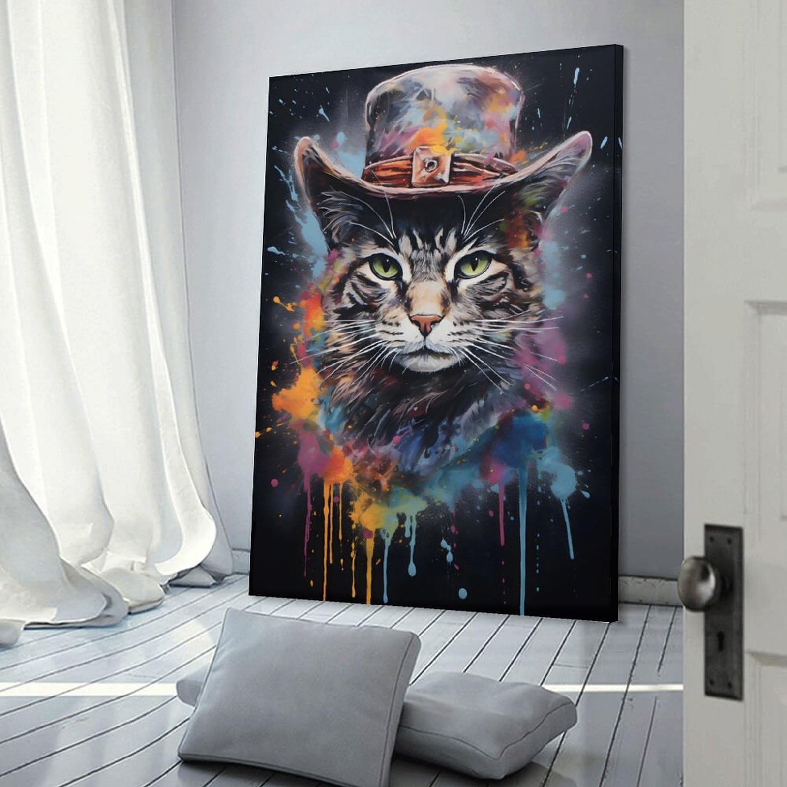 Junmoney Frame-Cowboy Cat In Hat Canvas Wall Art Cowboy Cat In Hat, 08X12inch(20X30cm), For New Homes, Bedrooms Or Workspaces, Canvas Artwork With Gifting Potential