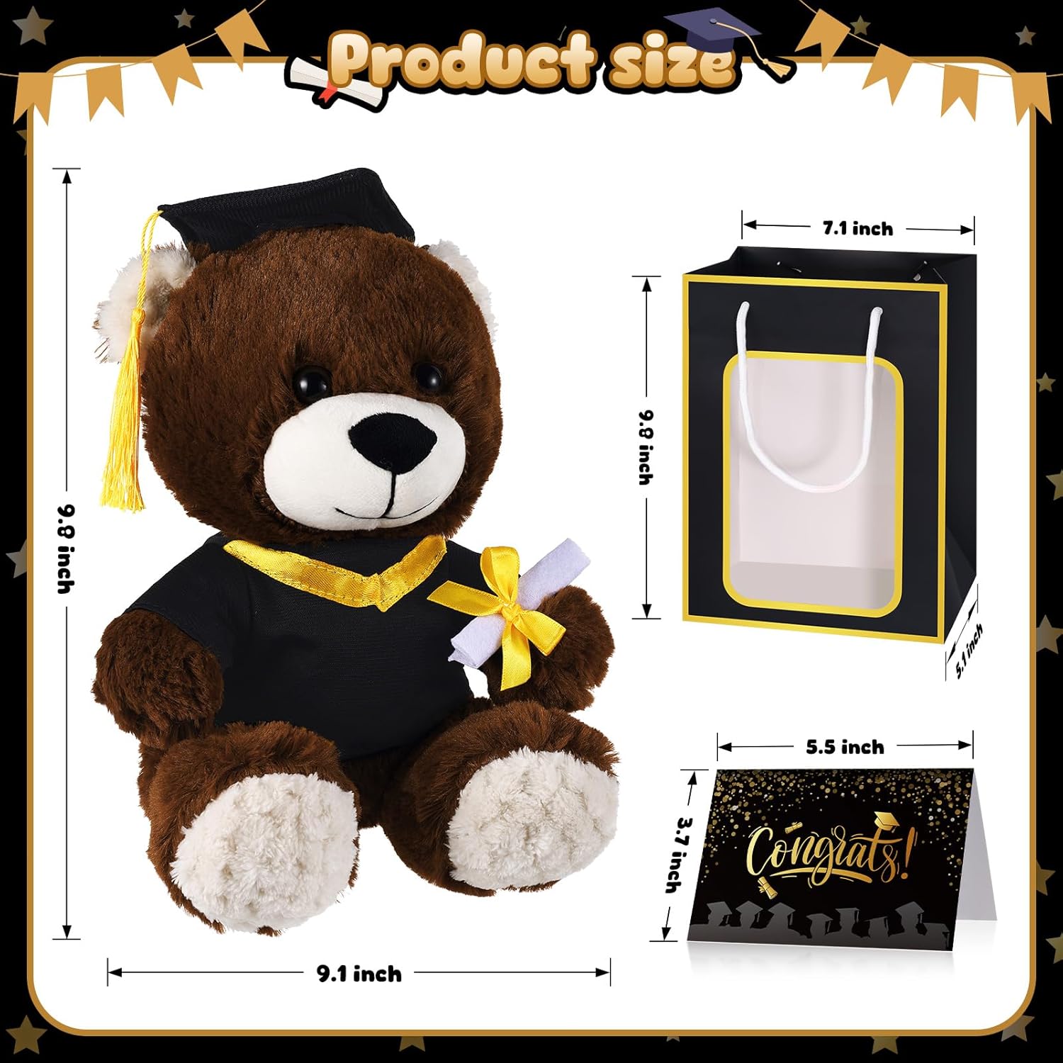 2 Sets Bear with Graduation Cap Toys Class of 2026 Graduation Plush Stuffed Teddy Bear Animal Dog Graduation Cap and Gown with Greeting Card and Bag for Graduation Day Gift(Black Bear A)