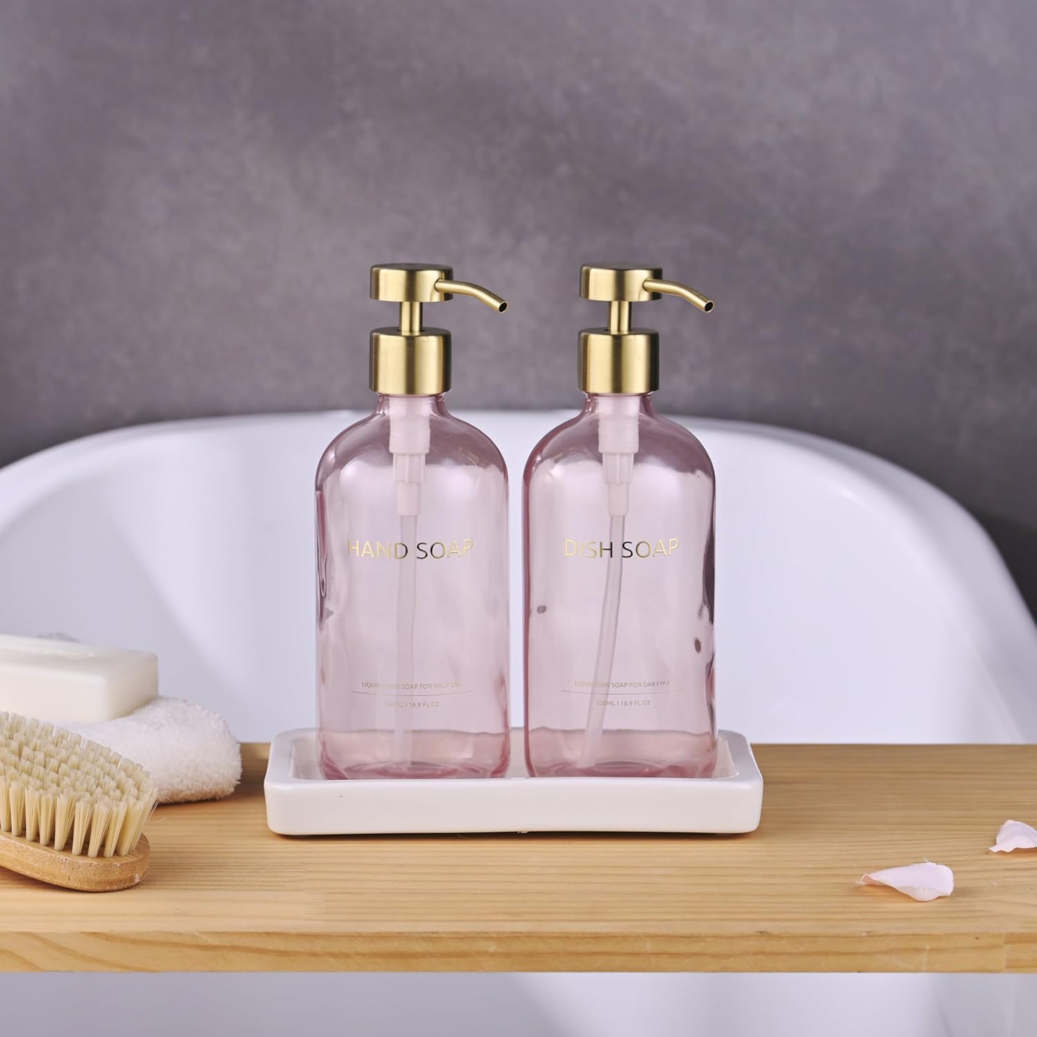 Glass Kitchen Soap Dispenser Set with Ceramic Tray,16.9 floz Hand and Dish Soap Dispenser for Kitchen and Bathroom Decor (Pink Bottles + Gold Pumps)