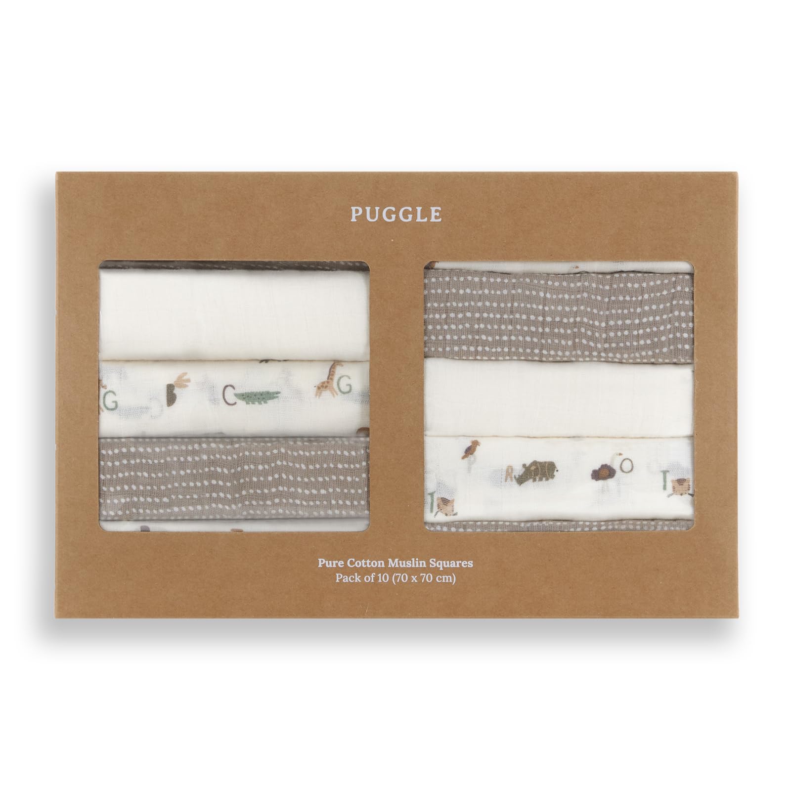 Puggle Wild At Heart 10-Piece Pure Cotton Muslin Squares - Safari/Latte