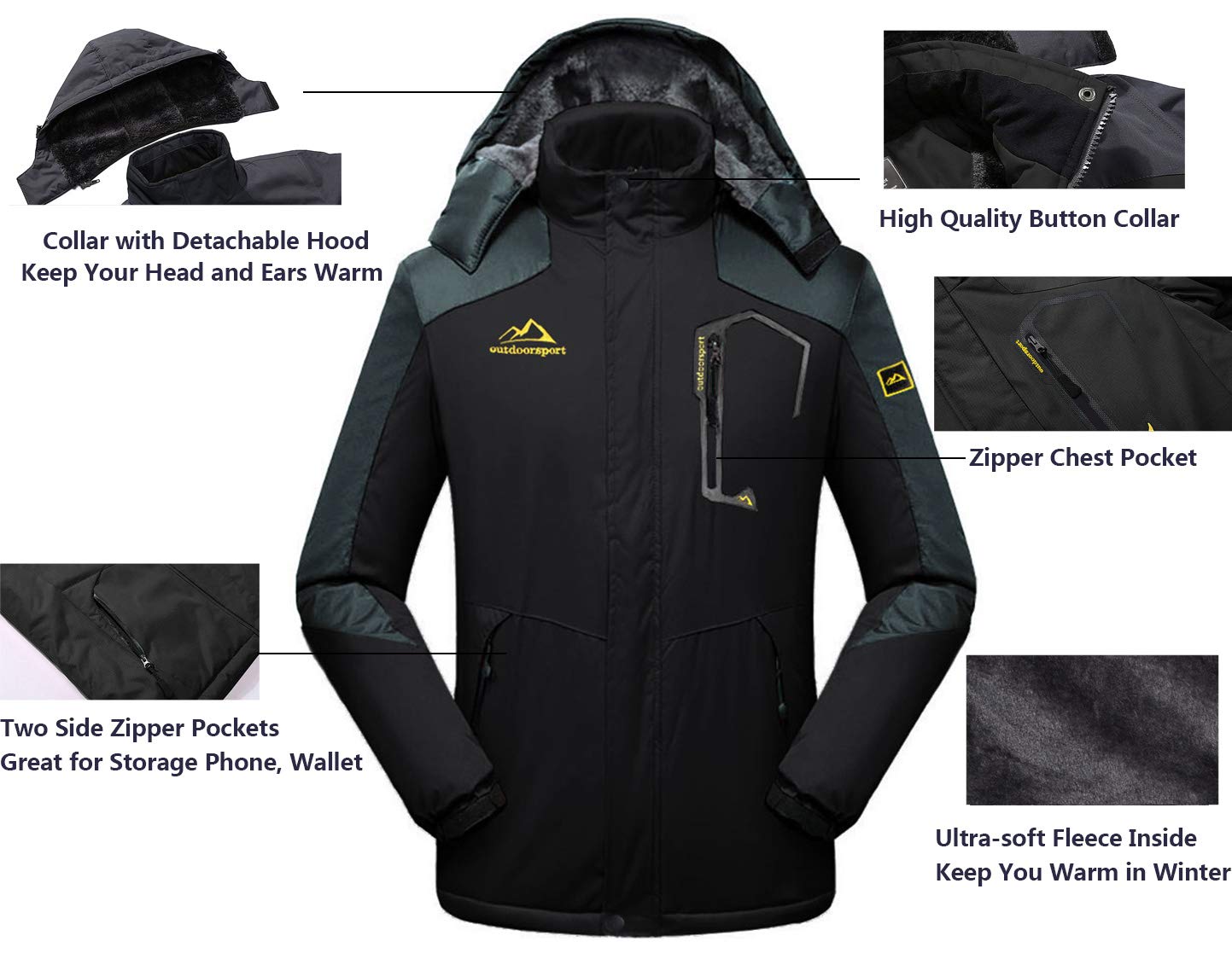 EKLENTSON Abrigo Hombre Invierno Chaqueta Impermeable Cortavientos Esquí Escalada Capucha Cremallera