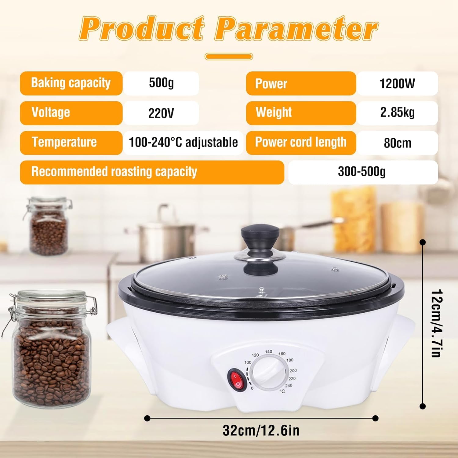 Torréfacteur à café électrique pour la maison, 1200 W, multifonctionnel, réglage de la température de 0 à 240 °C, pour arachides, graines de melon, soja, grains de café