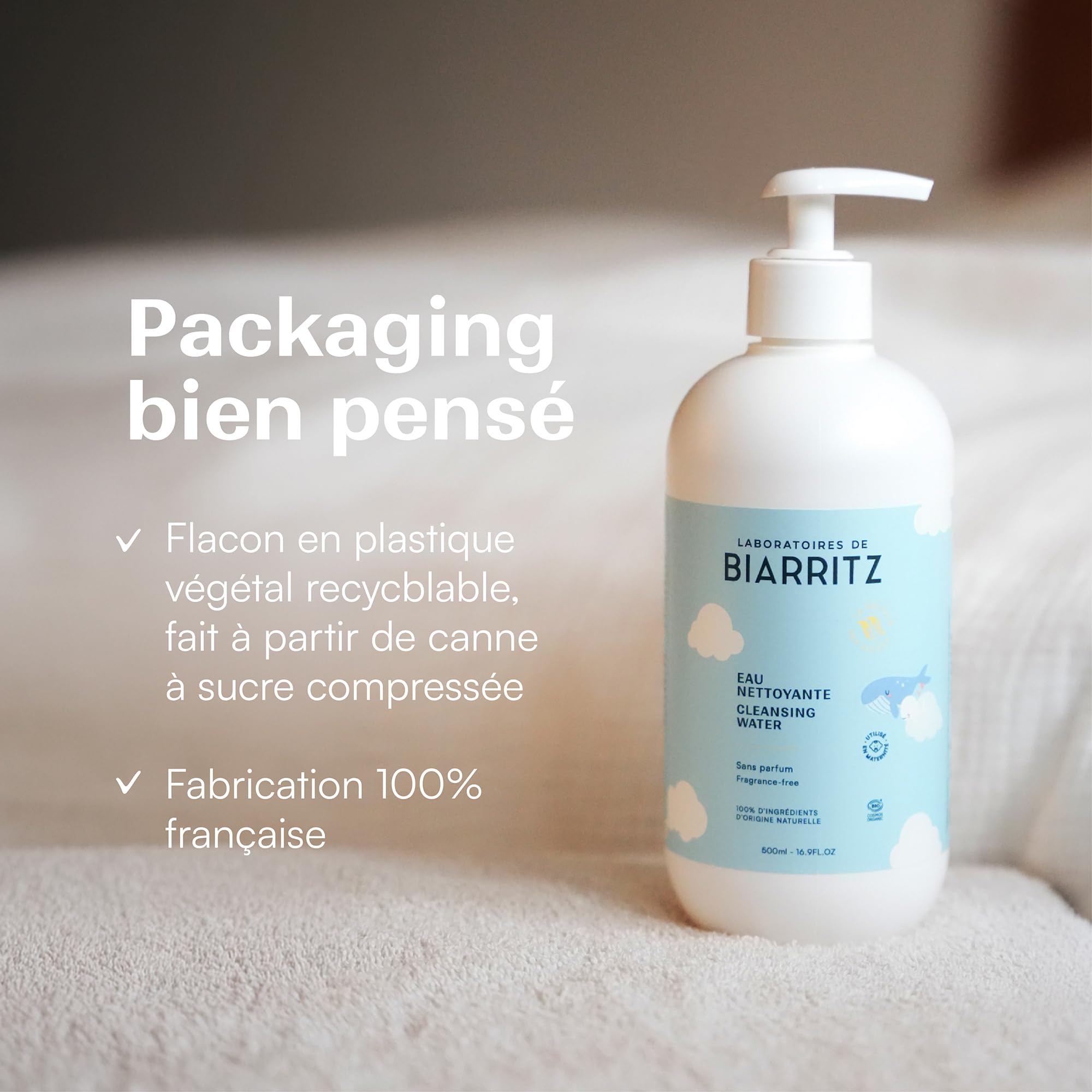 Laboratoires de Biarritz - Eau Nettoyante Micellaire pour Bébé - Certifiée Bio - Apaise et Rafraîchit la Peau - Visage, Corps, Mains & Siège - 500 ml - Fabriquée en France