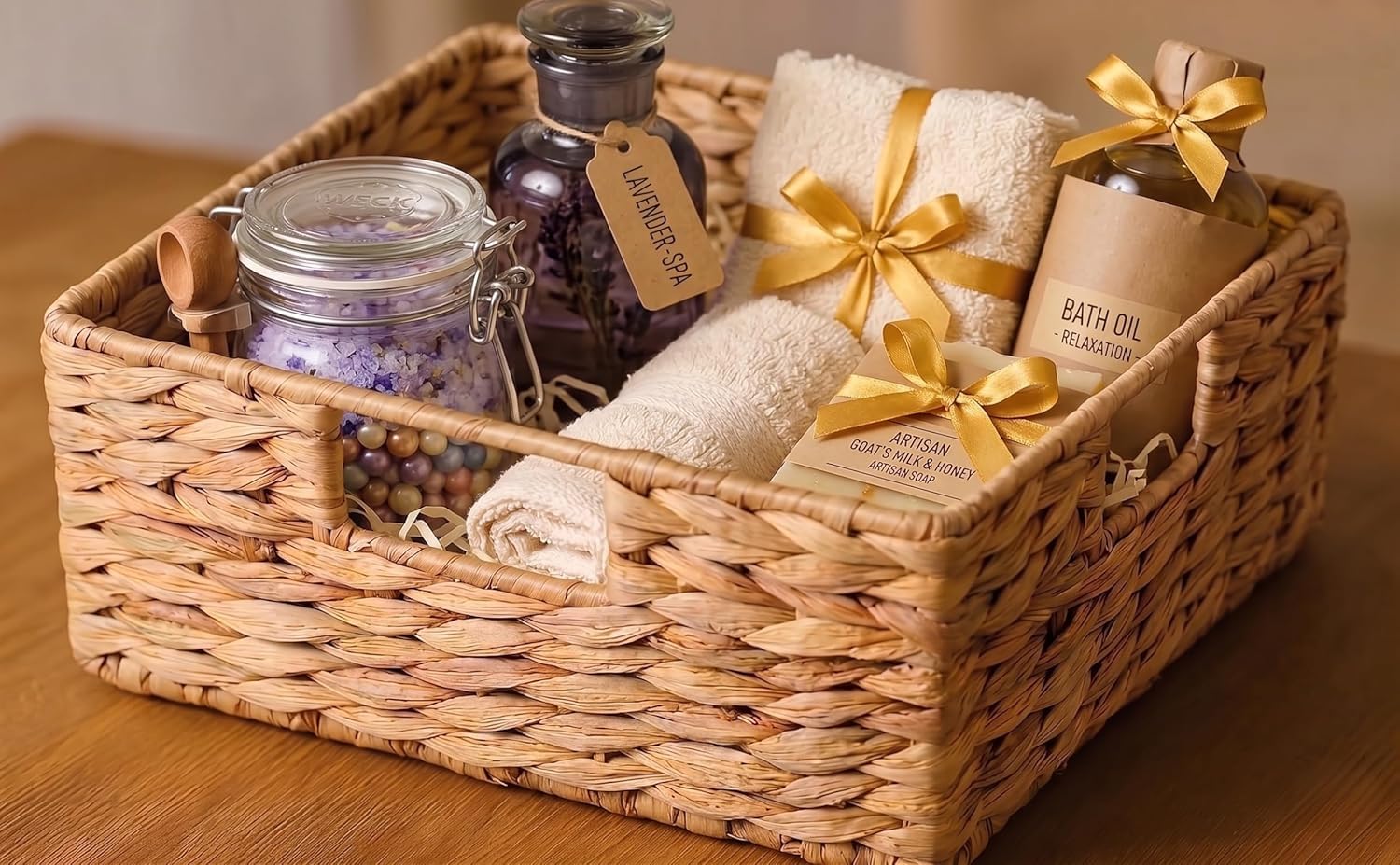Cesto portaoggetti naturale in giacinto d'acqua, intrecciato a mano, rettangolare, elegante ordine per la casa, 28 × 28 × 11 cm (2)
