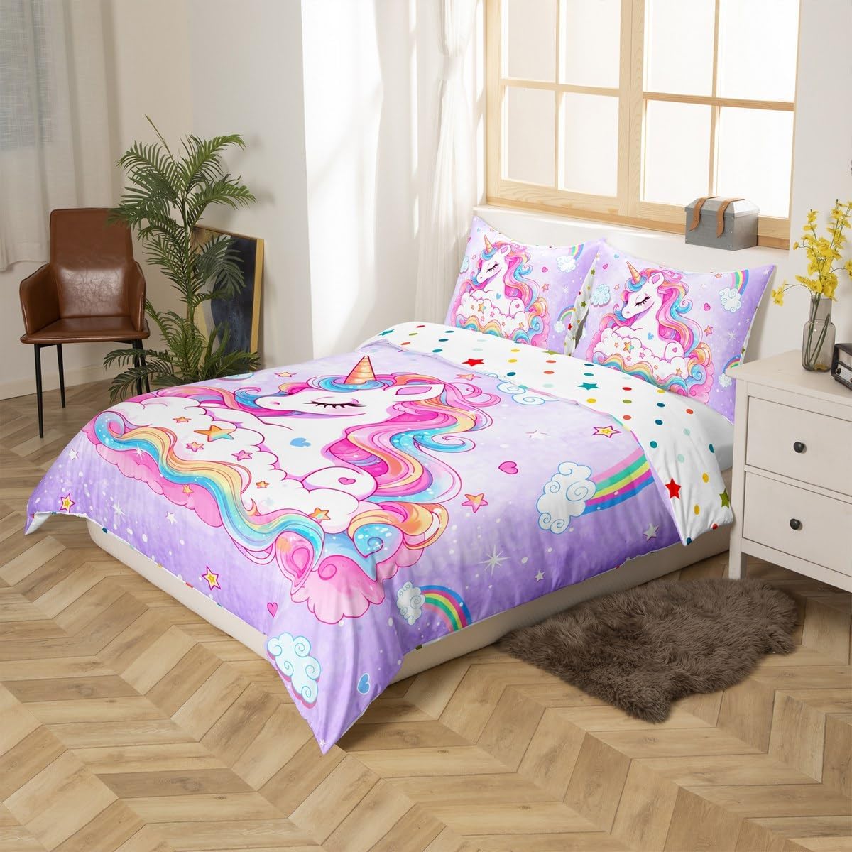 Feelyou Unicorn Bedding Set Twin Size Kids Rainbow Cloud Comforter Cover Set for Boys Girls Teens Dreamy Horse Printed Duvet Cover Purple Galaxy Magical Animal Decor Bedspread Cover Room Decor