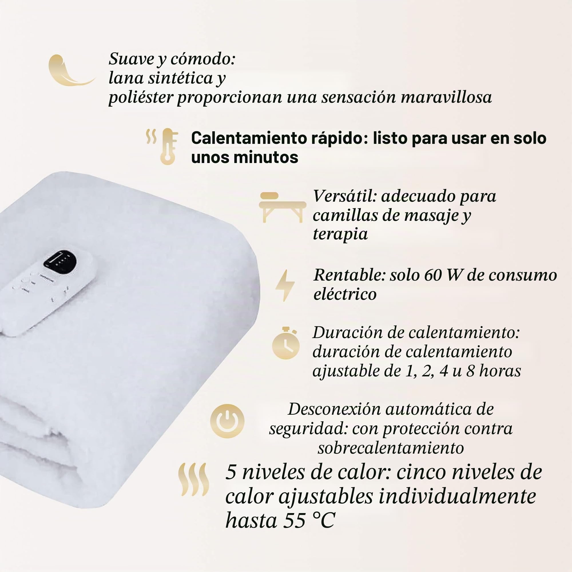 ZEN – Basic Manta electrica lumbar para camillas de masaje y tratamiento - 9 ajustes de temperatura - Almohadilla electrica incl. apagado automático y protección contra sobrecalentamiento 180x75x1 cm