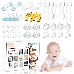 Baby Proofing Kit 42 PCS Baby Safety Kit Eco-Friendly No Drill Required Plug Protectors Drawer Lock Door Stopper Adjustable Lock Stove Knob Cover Corner Protector Sliding Cabinet Locks Baby Proof Set
