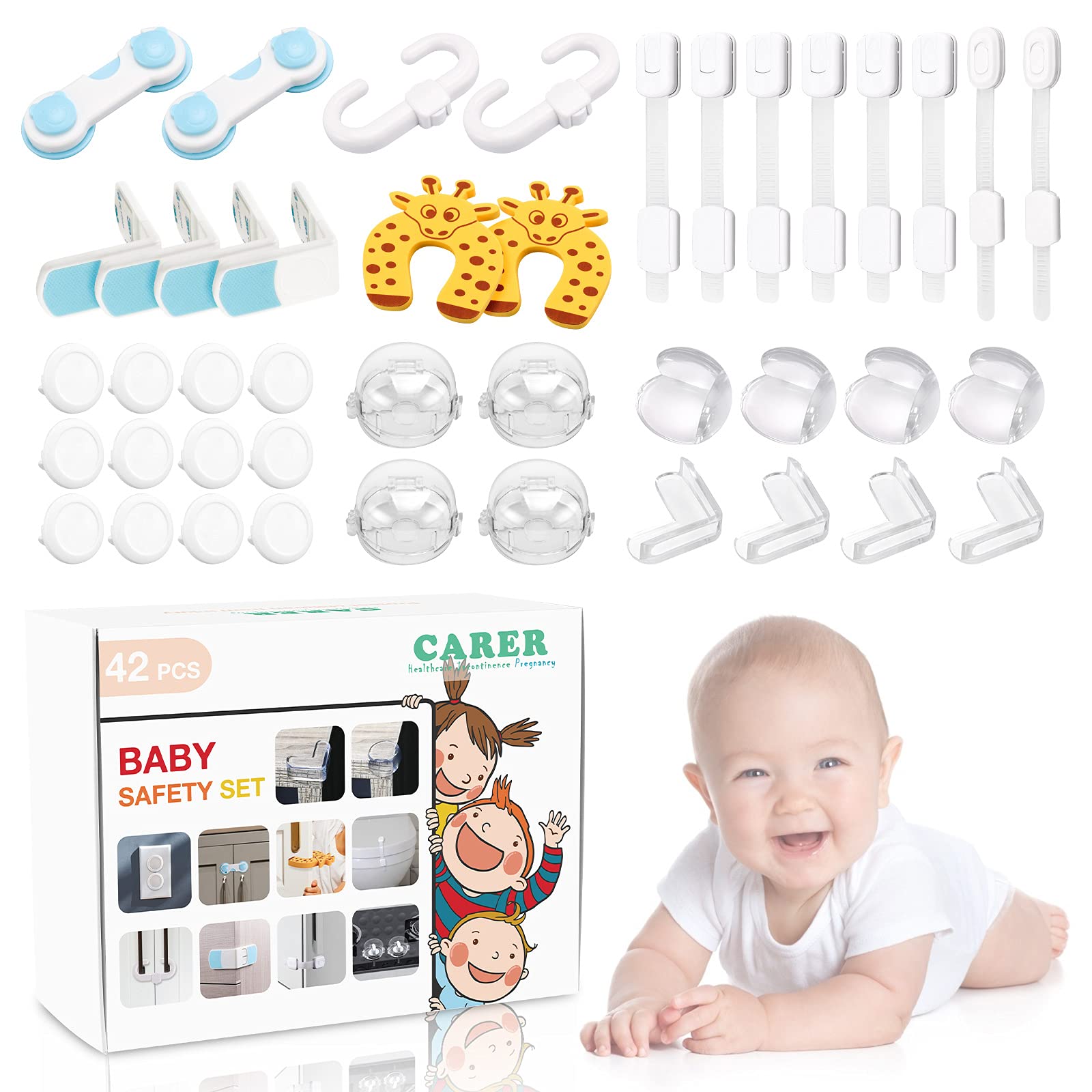 Baby Proofing Kit 42 PCS Baby Safety Kit Eco-Friendly No Drill Required Plug Protectors Drawer Lock Door Stopper Adjustable Lock Stove Knob Cover Corner Protector Sliding Cabinet Locks Baby Proof Set