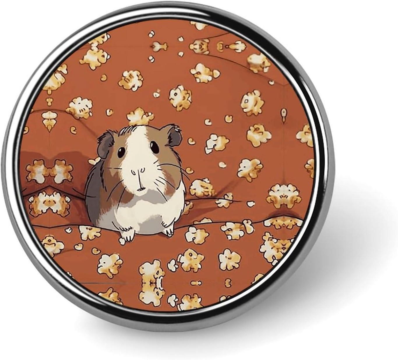 Round Metal Lapel Pin, Aluminum Alloy, Guinea Pig And Popcorn