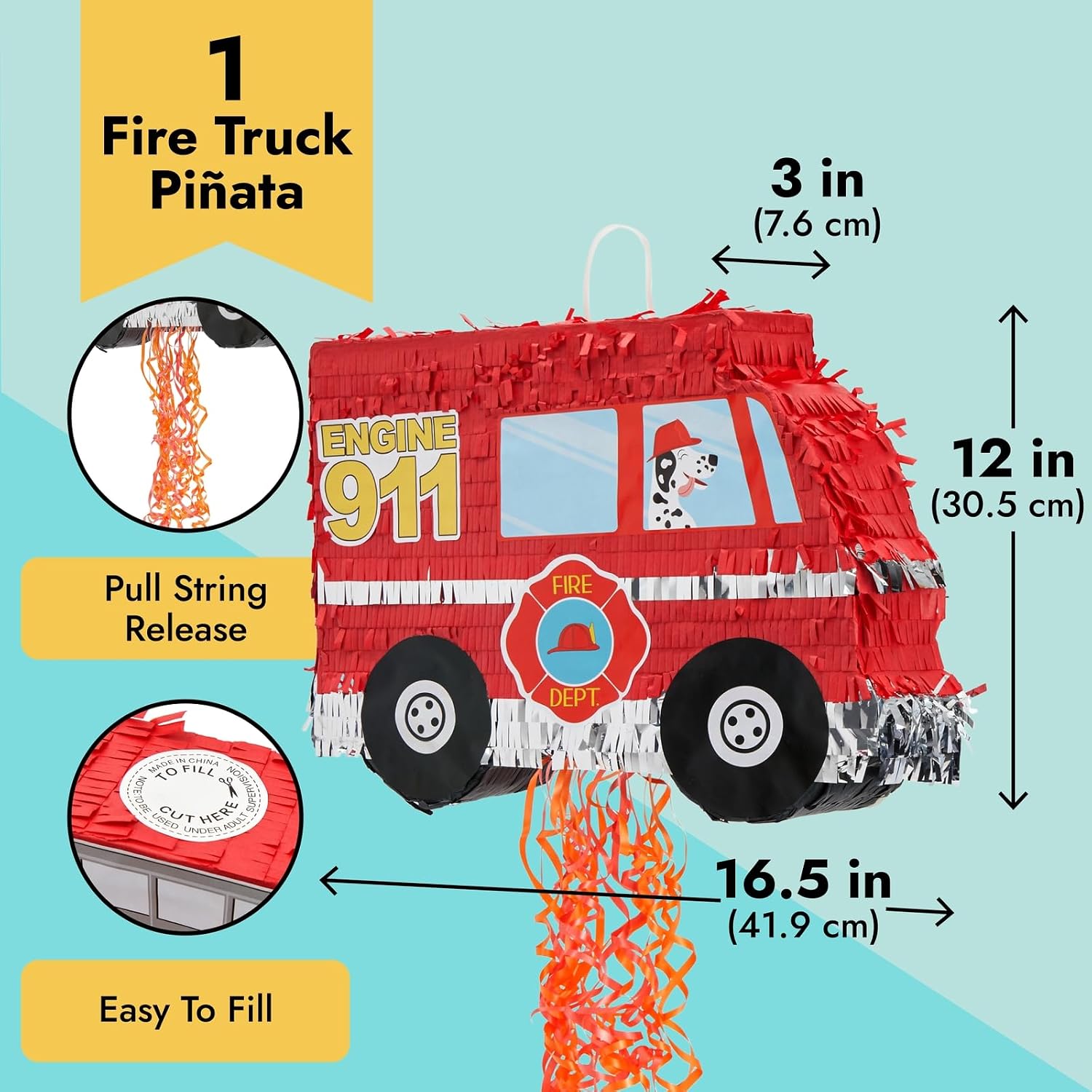 BLUE PANDA Pull String Fire Truck Pinata - Kids Ribbon Reveal & Pinata Pull String - Firefighter Party Decor & Firetruck Birthday Decorations - Small - 16.5 x 13 x 3 in