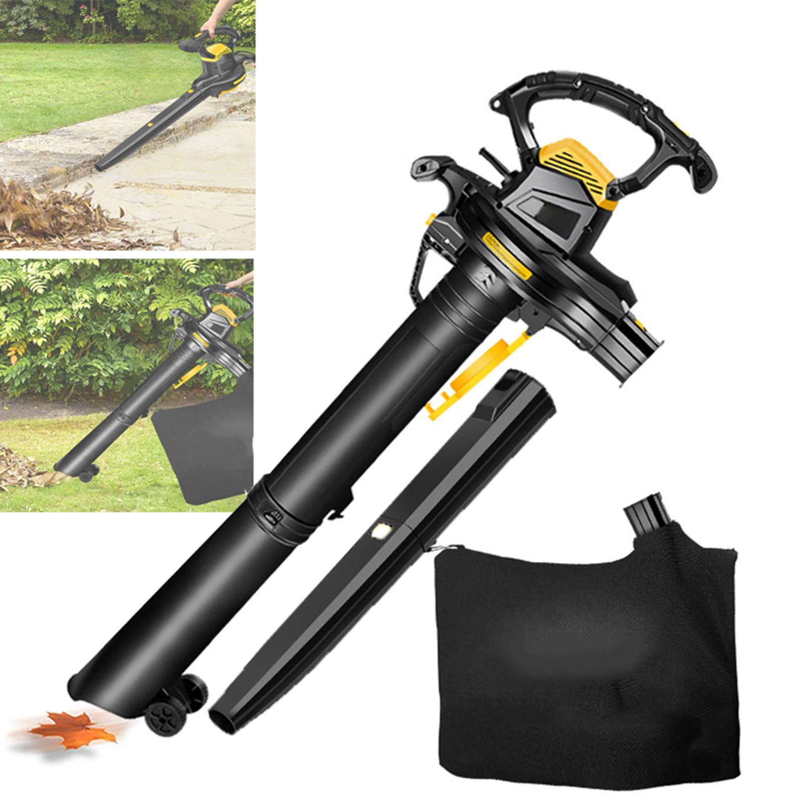 Soplador, Aspiradora Y Trituradora De Hojas 3 En 1,con Correa para El Hombro Y Ruedas,3800W | Bolsa Recolectora De Hojas De 40 litros | ProporcióN De TrituracióN 16:1 | Ajuste De 6 Velocidades,30m