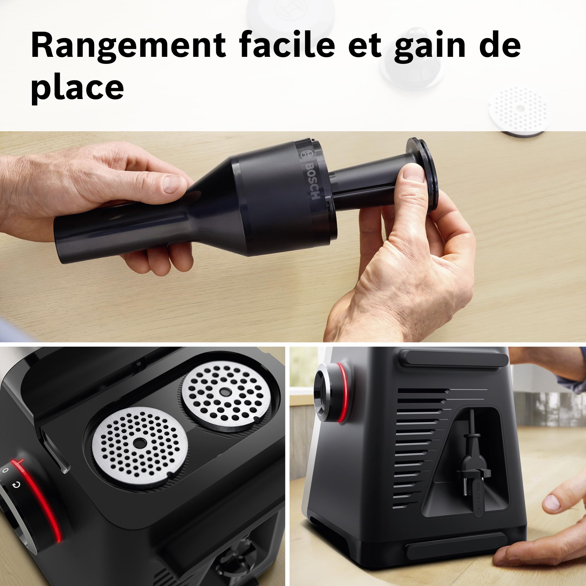 Bosch MultiPower Série 8, hachoir multifonction, puissance moteur bloqué 2500 W, hachoir à viande, râpe, accessoires saucisse et kebbe, noir, MFWS840M