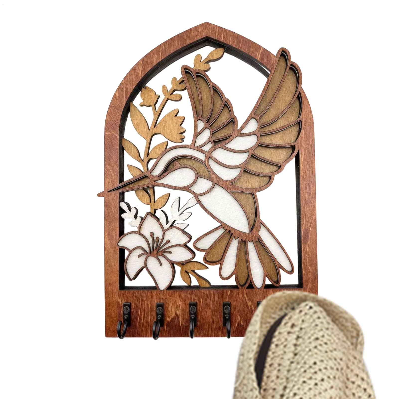 Porte-clés pour mur artisanal colibri en essence de bois noble pour décoration raffinée
