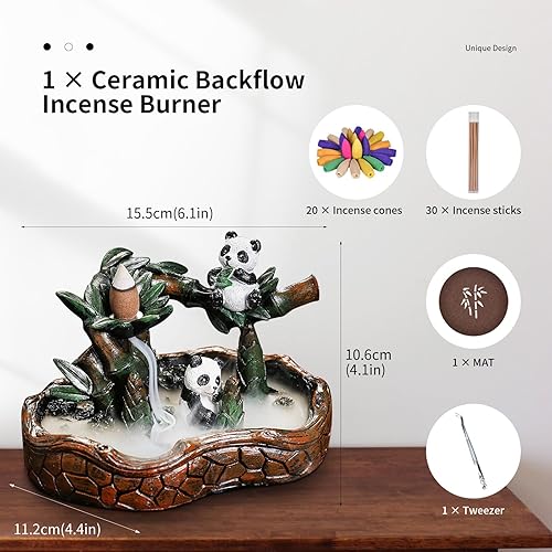 Miniatura 3 de YYW Panda - Quemador de incienso con reflujo en cascada, hecho a mano, de cerámica, con 20 conos de incienso y 30 varillas de incienso, decoración
