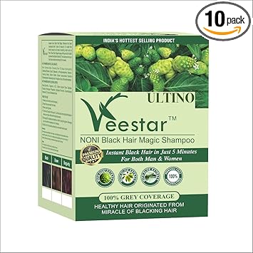 ULTINO-PRO Veestar Noni Black Hair Magic Shampoo 30 ml x 10 Sachet - Noni Hair Colour with Amla & Aloe Vera Ammonia Free Long Lasting Instant Natural Hair Color Dye for Both Men & Women