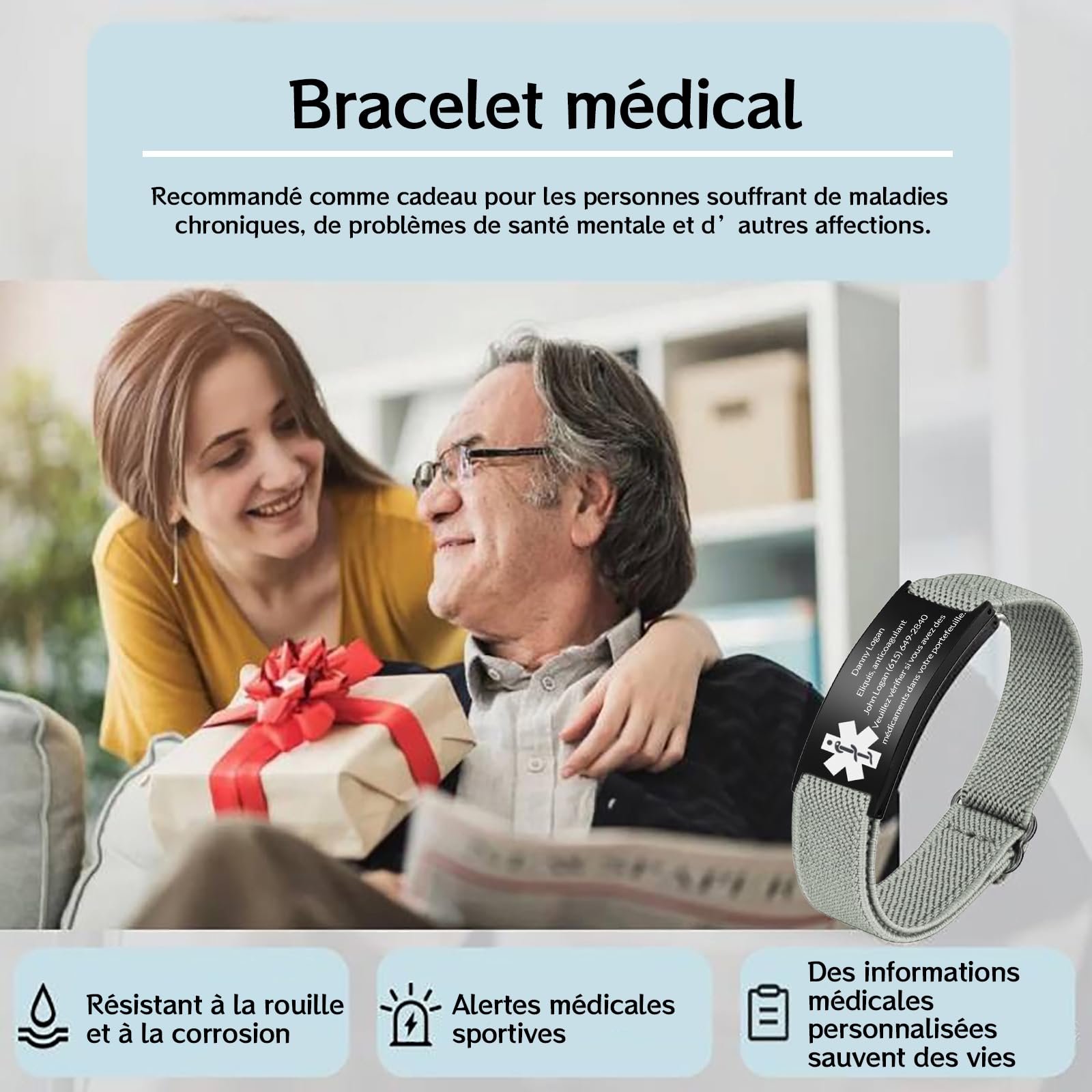 Bracelet D'Alerte MéDicale D'Urgence Plaquette D'Identification Personnalisable Ajustable De 13 à 23 Cm Bande éLastique En Acier Inoxydable IdéAl Pour La FêTe Des PèRes