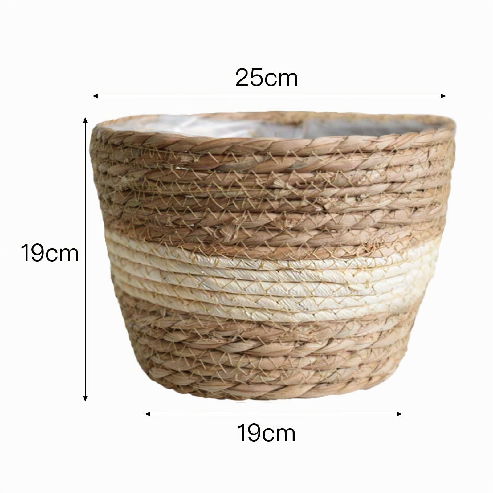 TITA-DONG Panier de Jardinière en Jonc de Mer, Couvercle de Pots de Fleurs, Panier de Rangement, Panier de Plantes Tissé à la Main avec Doublures en Plastique pour Plantes D'intérieur et(Blanc 25cm)