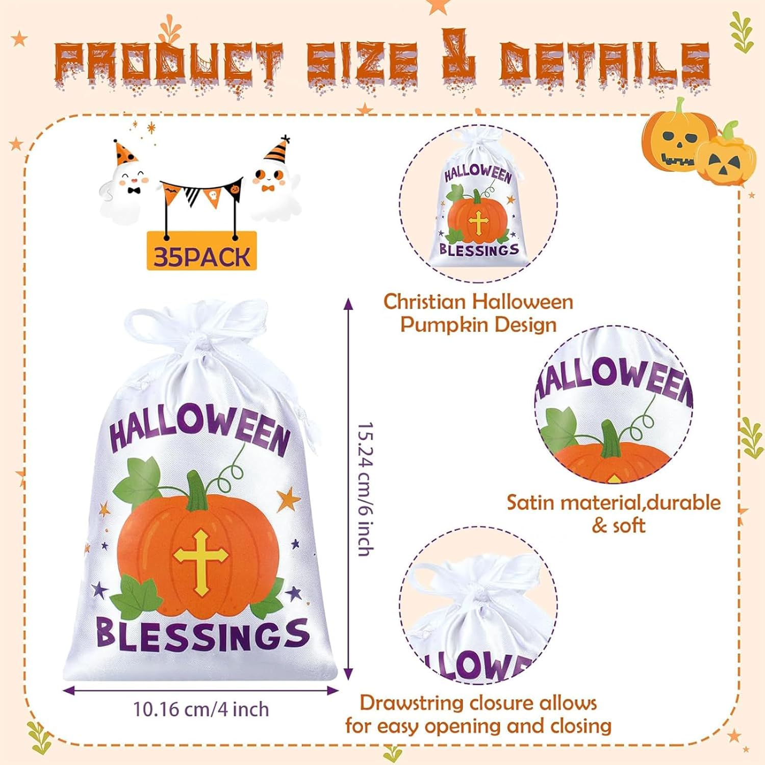 35 Pcs Christian Halloween Treat Bags Halloween Blessings Bags 4 x 6 Inch Cross Pumpkin Drawstring Bag Small Religious Pumpkin Candy Goody Bag for Trunk or Treat Party Church Sunday School - Image 2
