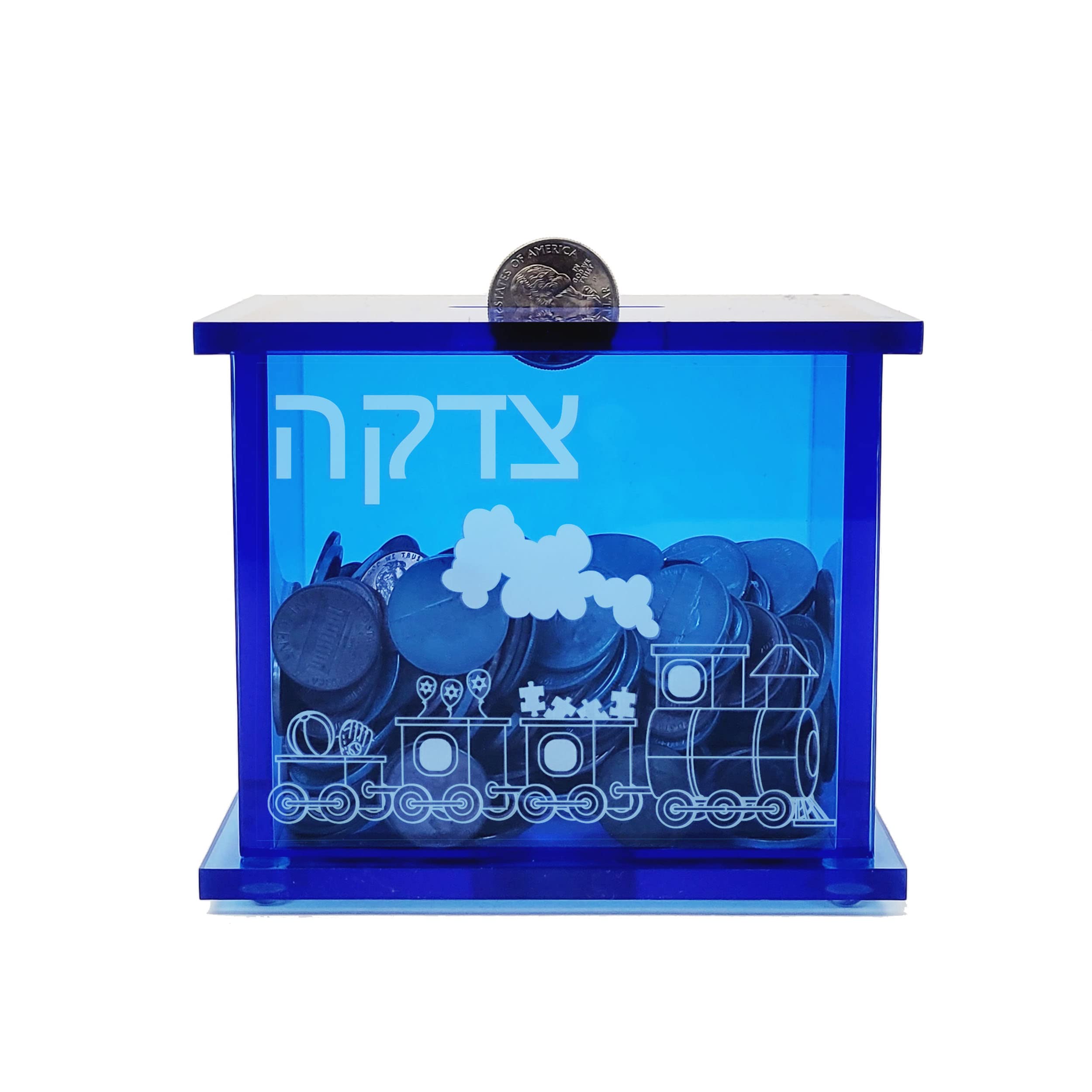 Rite Lite Tzedakah Box Acrylic Shabbat Gifts Fun & Educational Jewish Hebrew Shabbos Gifts Modern Centerpiece Ceremonial (Blue)