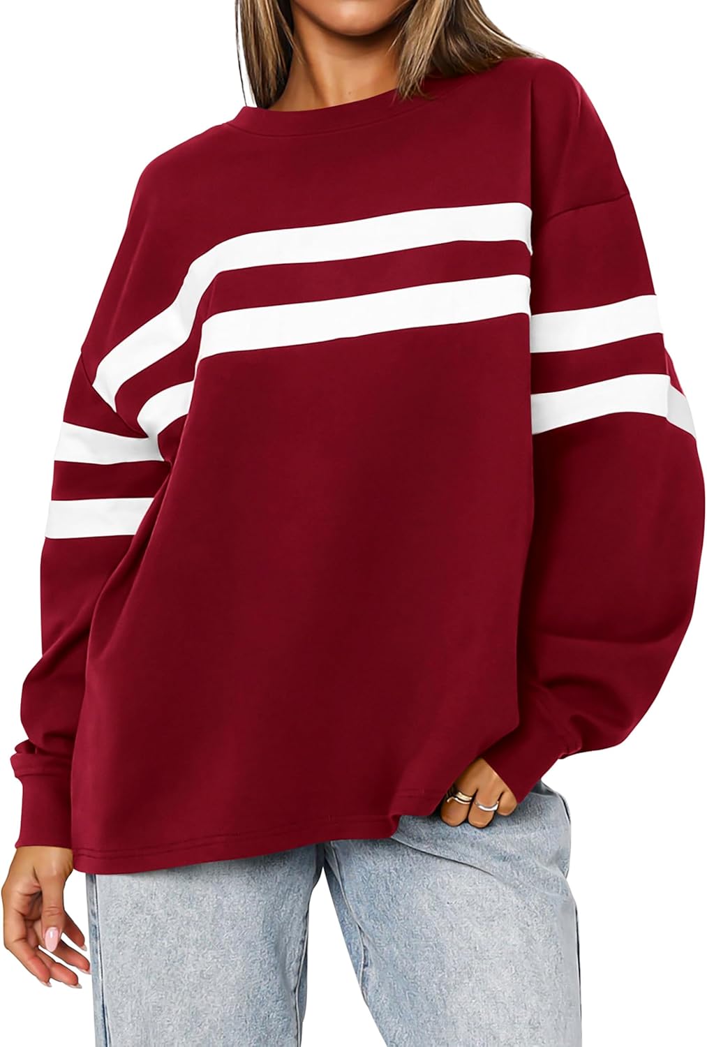 MASCOMODA Women’s 2025 Striped Oversized Sweatshirt Fall Crewneck Long Sleeve Shirts Casual Color Block Pullover Tops