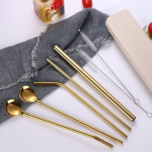 Miniatura 2 de Hoshen Juego de 7 cucharas de paja de acero inoxidable dorado, popote reutilizable de 8.5 pulgadas, con estuche de transporte (3 popotes2 cucharas