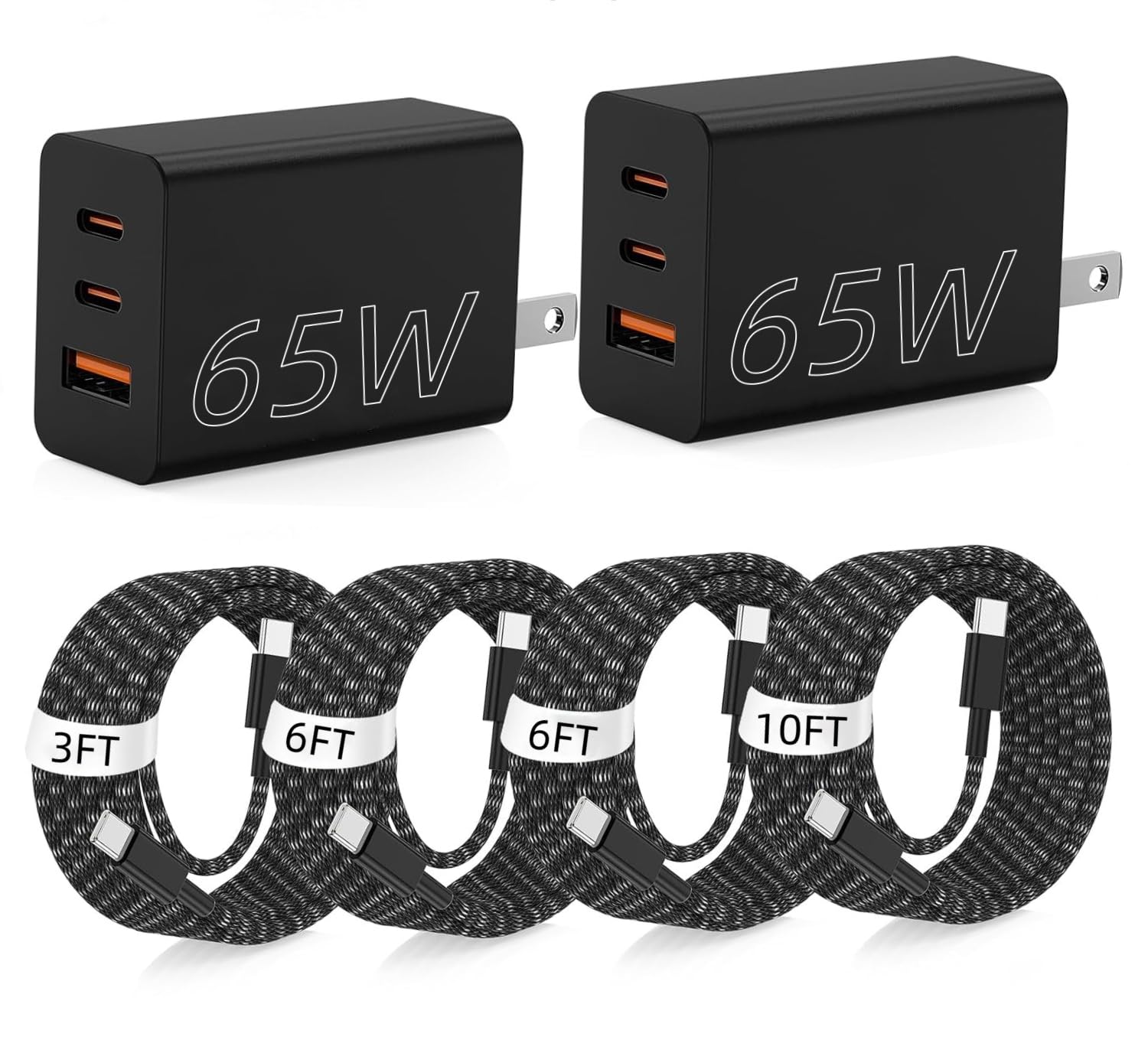 3 Port 65W USB C Fast Charger Block with Type C Cable,Multi Device Charging | 65W PD&3/6/6/10FT Braided Type C Cords for iPhone 17/16/15 Pro Max, Samsung Galaxy S26/S25/S24 Ultra