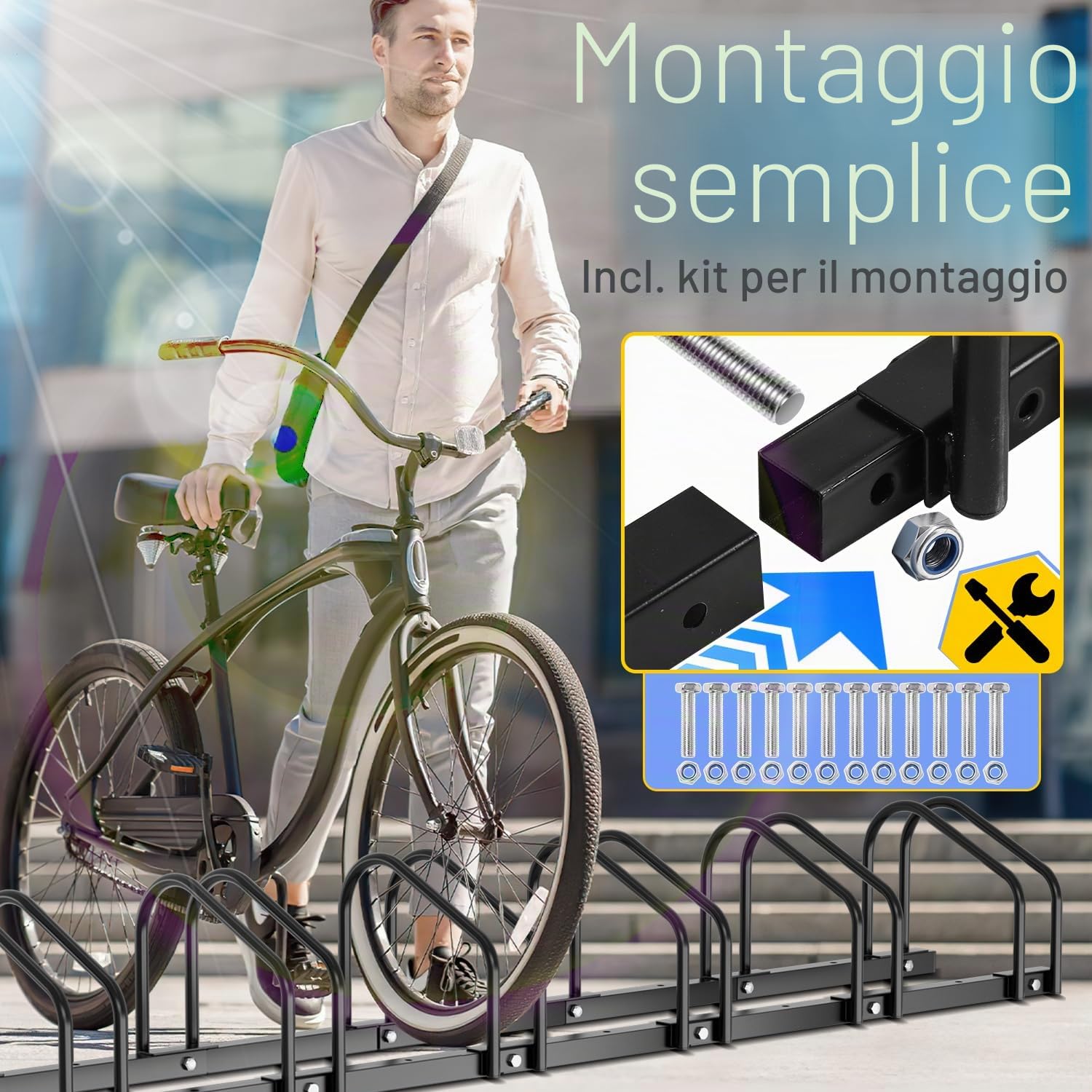 Cavalletto per 5 biciclette, supporto bicicletta con distanza di 30 cm, per pneumatici da 35 a 55 mm, supporto per montaggio a pavimento e a parete, nero
