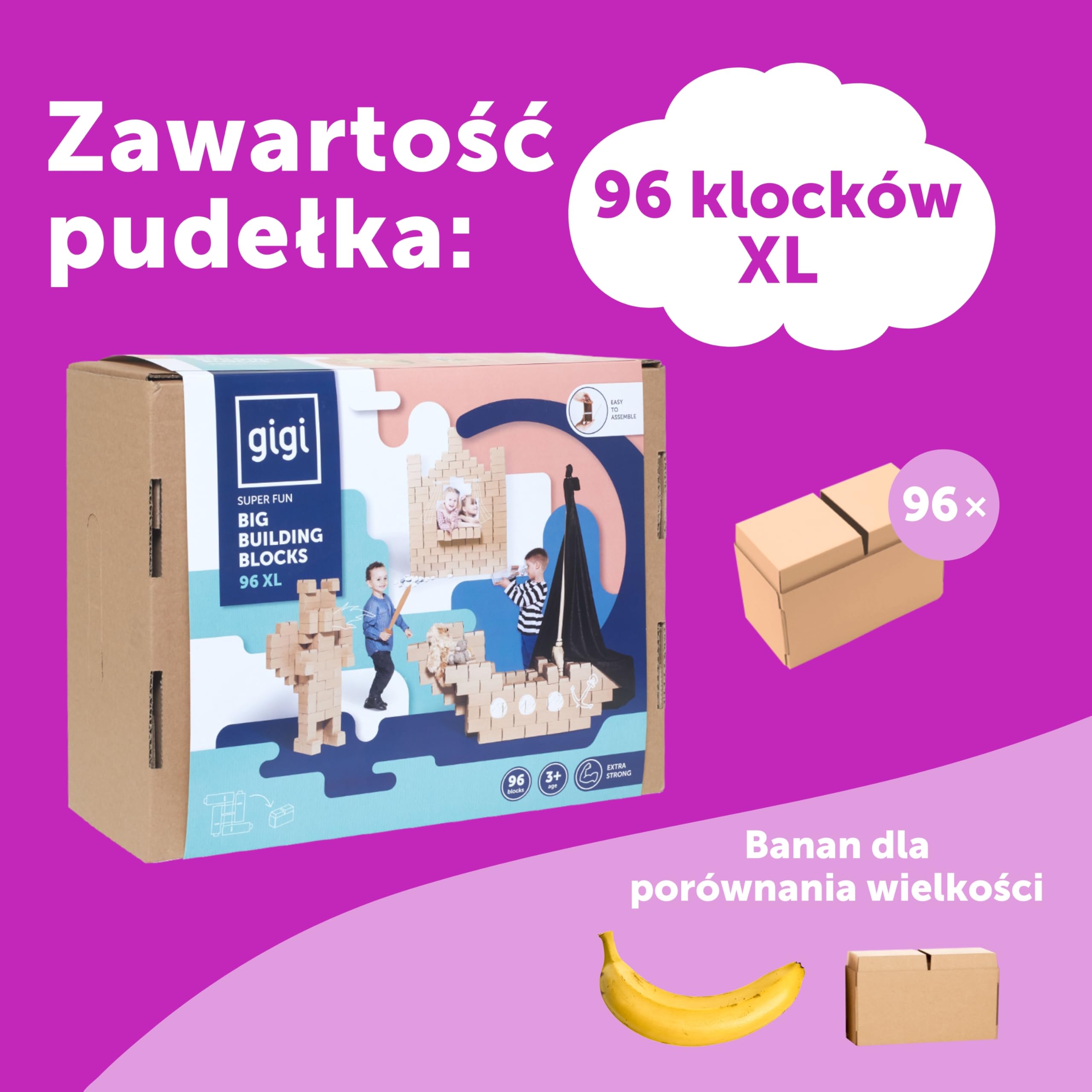 GIGI Bloks 96 XL Duże klocki konstrukcyjne dla dzieci, Kartonowe klocki do układania i łączenia | Wytrzymałe i łatwe w montażu | Kreatywne i edukacyjne zabawki budowlane naturalnej wielkości