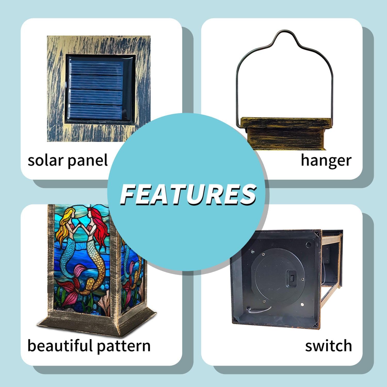 Solar Lantern Stained Glass Window Panel Mermaids Ocean Waves Shells Seaweed Outdoor Waterproof Garden Hanging Lantern Solar Powered Lighting Outside Table Lamp for Patio Deck Camping 1 Pack