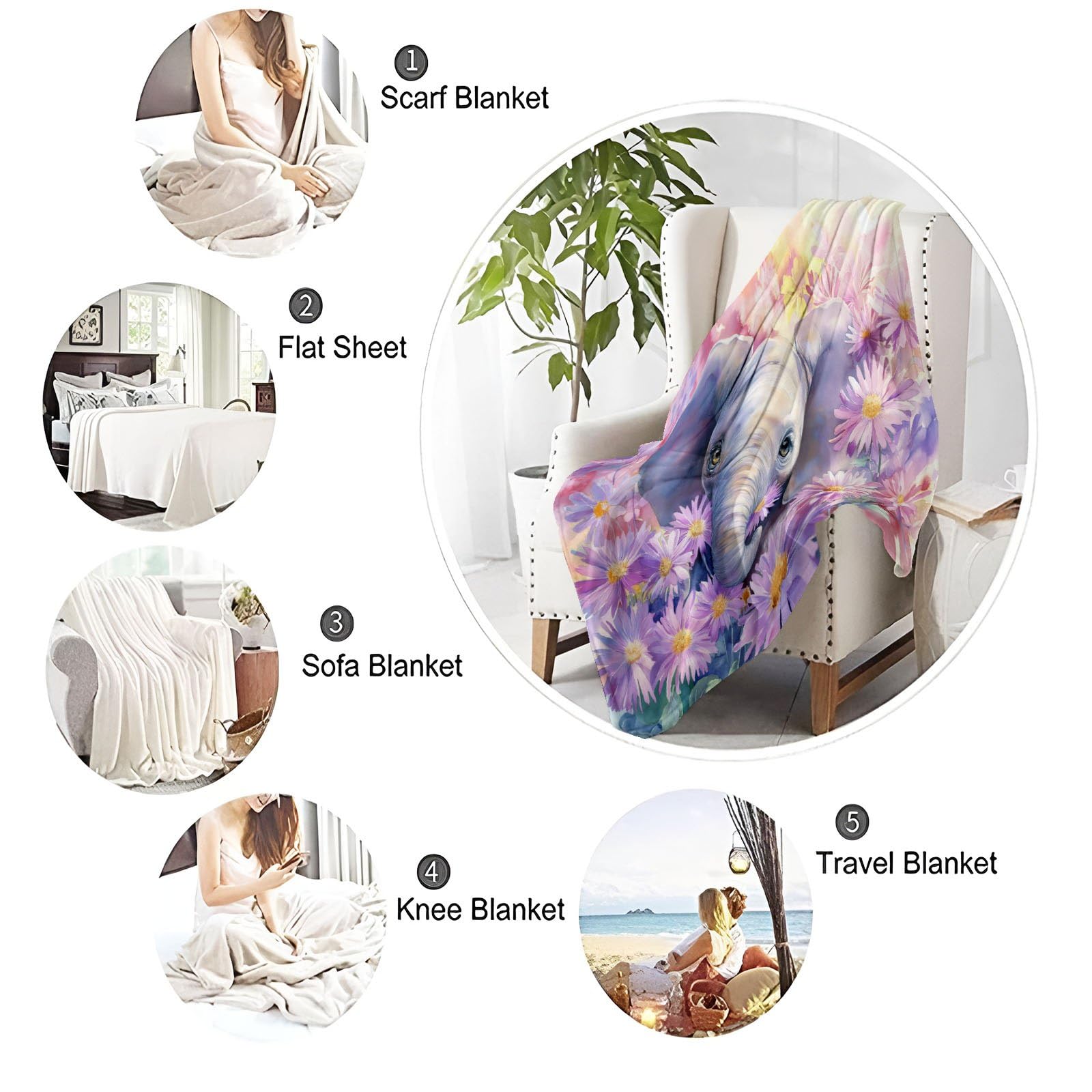 Bohemisch Rustikal Kuscheldecke Elefanten Gänseblümchen Blumen Decke Tagesdecke Wohndecke Lila, Couchdecke Weich Warm Flauschig, Sofa Decke für Reisen Zelten Outdoor, 150 x 200 cm