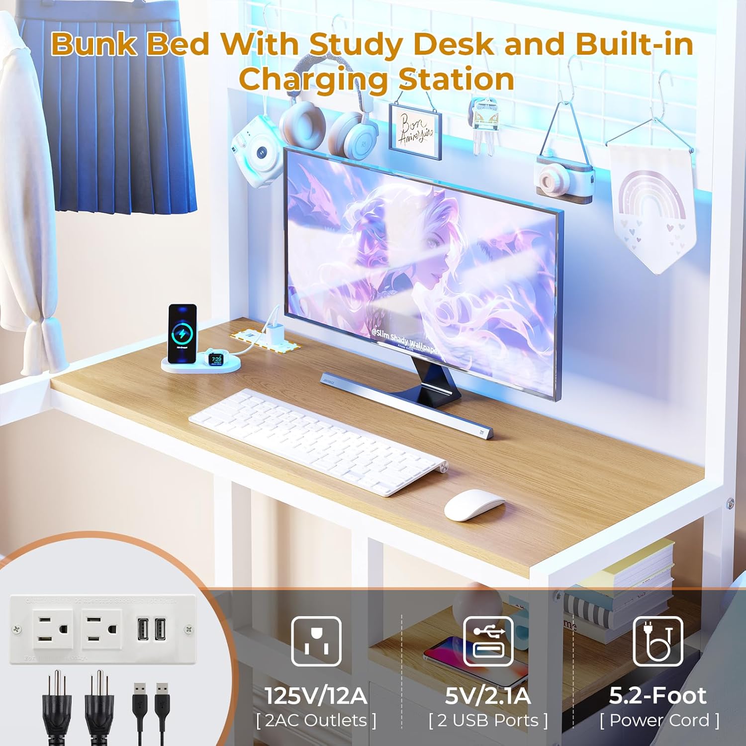 Built-in charging station with two AC outlets and two USB ports.