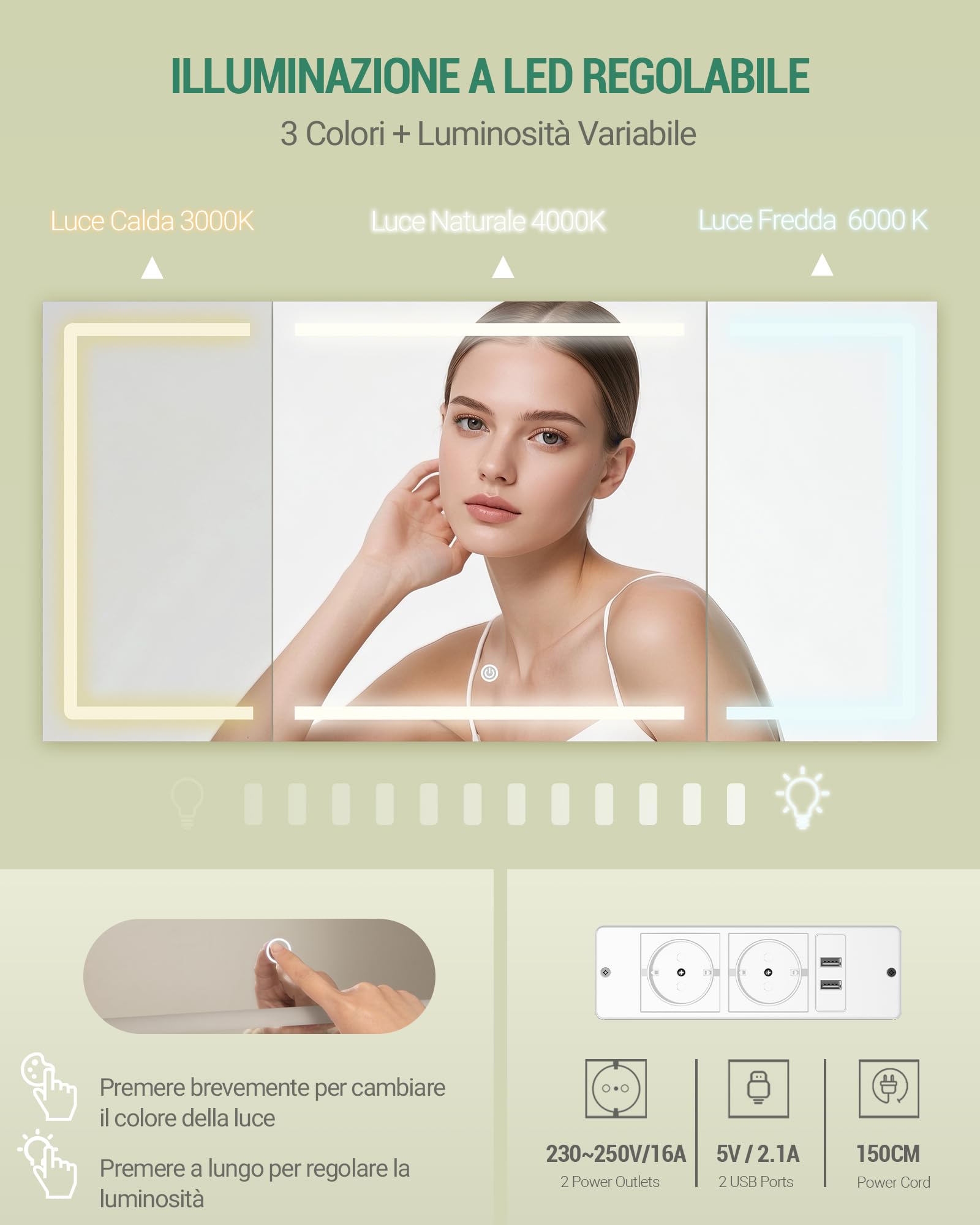 Hzuaneri Toeletta da Trucco Grande con Illuminazione a LED, con Presa e Porta Asciugacapelli, 3 Colori, Luminosità Regolabile, Tavolo da Trucco con Specchio, 8 Cassetti 1 Armadietti, Bianco DT42003XEU