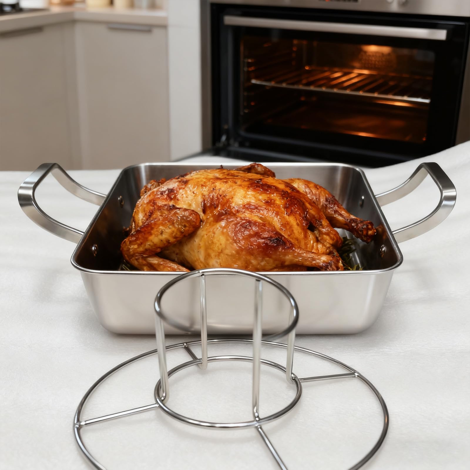 Soporte para pollos de acero inoxidable, fácil de limpiar, asador de lasaña cada vez en horno o parrilla, sartén para asar pollos